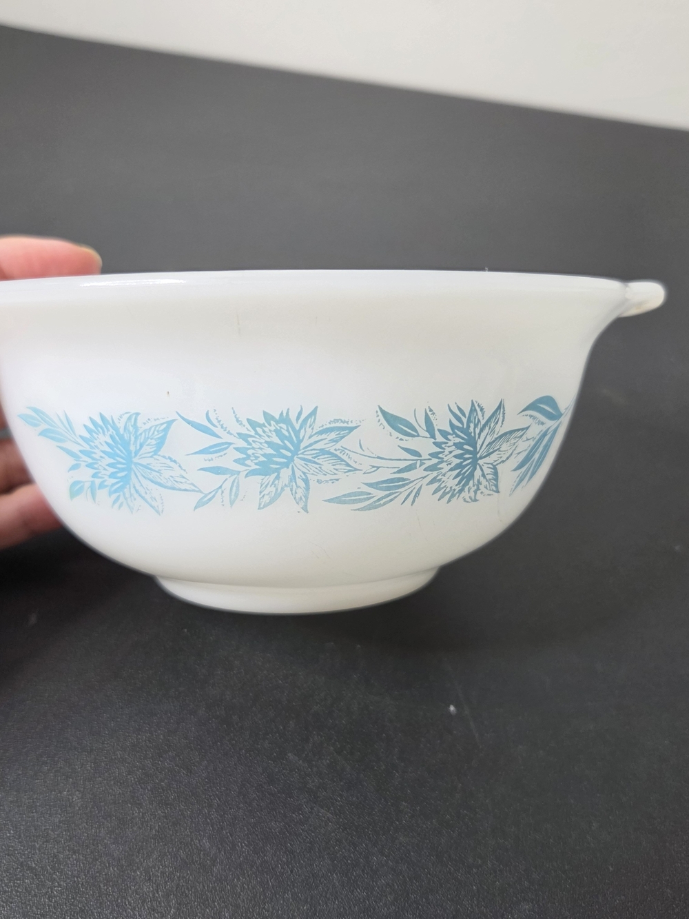 Vintage Glasbake J-2354 Mixing Bowl Blue Thistle Flowers Cinderella Handles